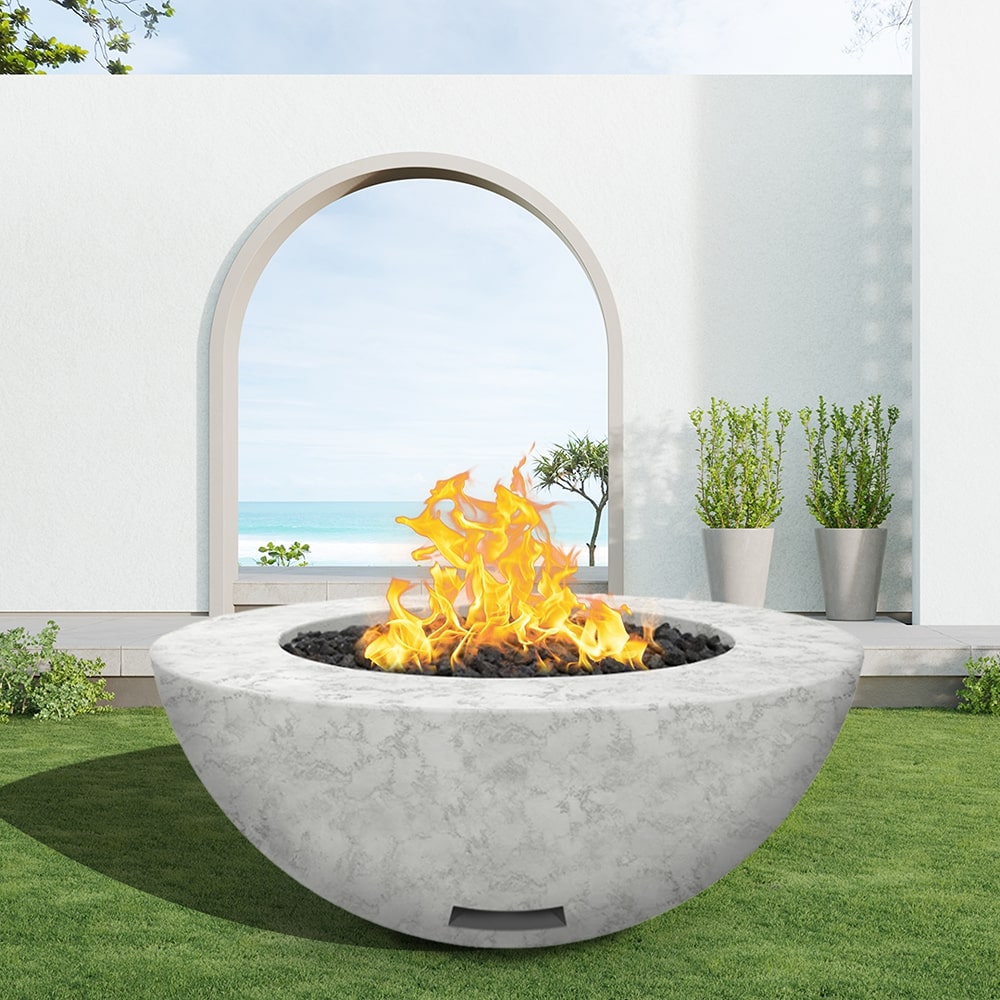 modern blaze round arctic fire bowl with textured surface in a light outdoor setting