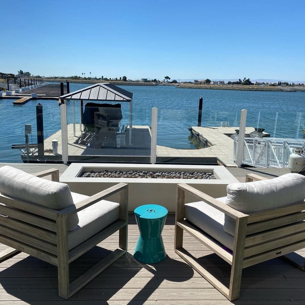 white linear fire pit table with scenic view