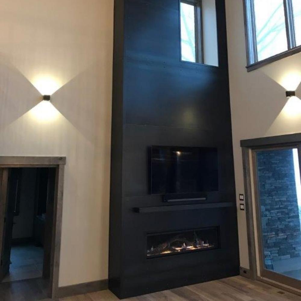 Modern Industrial Black Floating Mantel Shelf Above Electric Fireplace