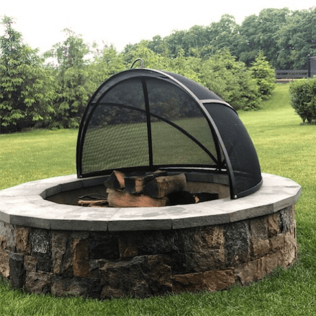 Modern Blaze Round Pivot Steel Screen on Fire Pit in outdoor area