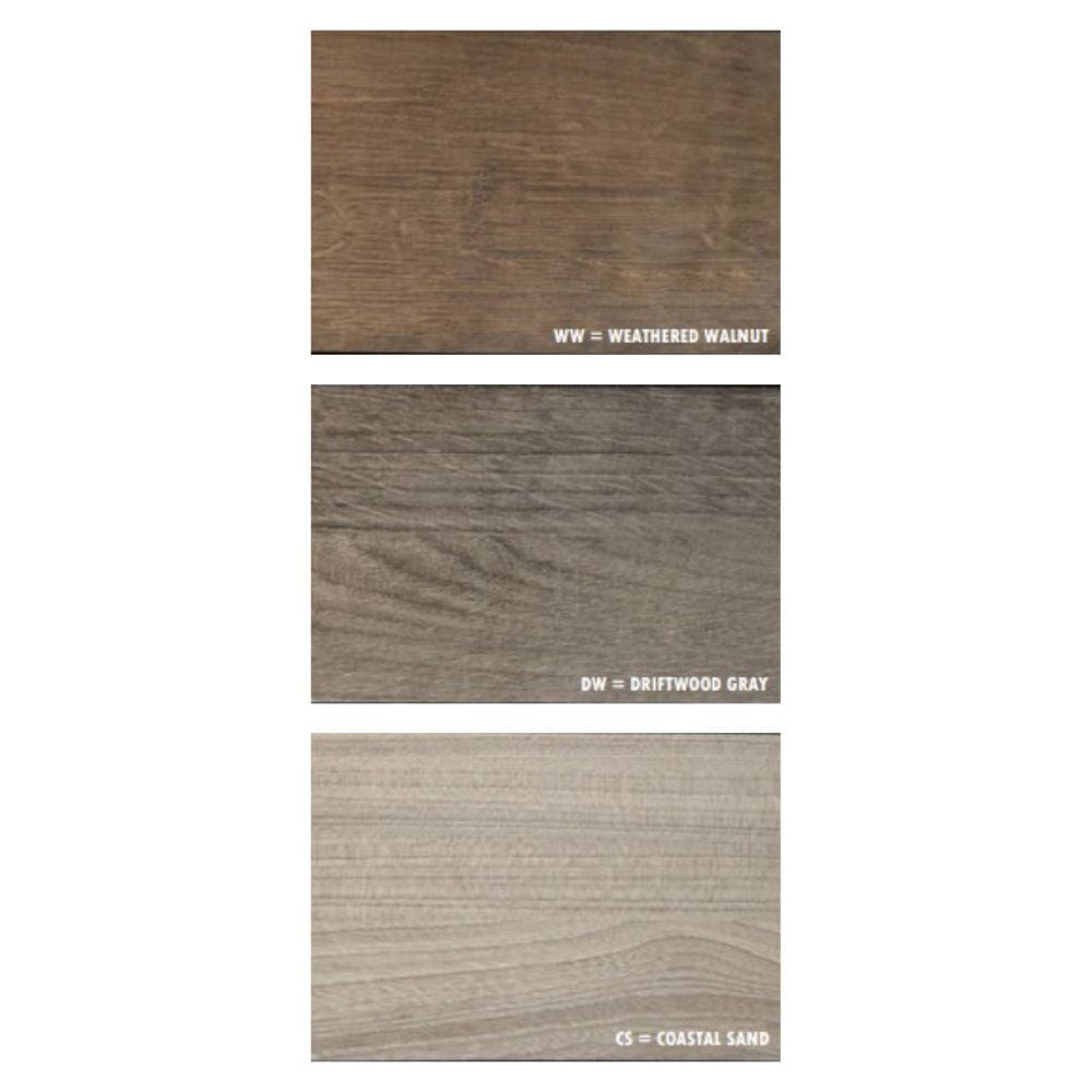 weathered walnut, driftwood gray, and coastal sand colors