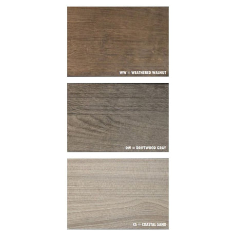 weathered walnut, driftwood gray, and coastal sand colors