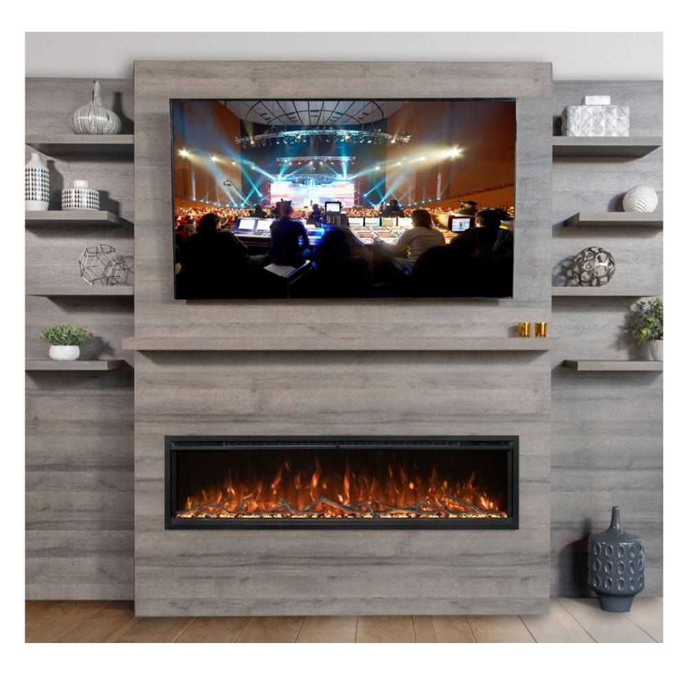 Modern Flames Spectrum Slimline Allwood Wall System Fireplace Driftwood Gray Finish in living room with Fireplace below a TV Screen