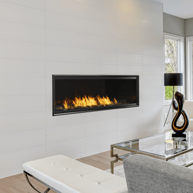 Monessen Artisan 60-inch Vent Free Gas Fireplace on white tiled wall in Living Room