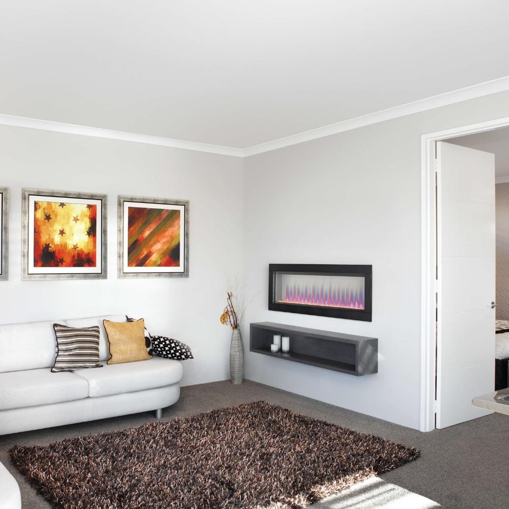 Napoleon CLEARion Elite See-Through Electric Fireplace 1-Sided Installation With Purple Flames and Red Media Bed