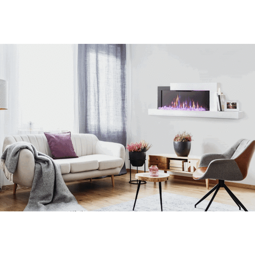 Napoleon Stylus Wall Mounted Electric Fireplace with Shelf in a light and airy living space