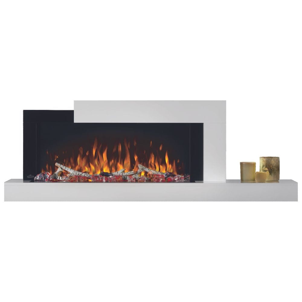 napoleon stylus cara elite electric fireplace with orange flames, red ember bed and logs