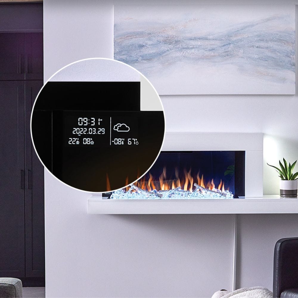 napoleon stylus cara elite electric fireplace's weather display panel on the top left