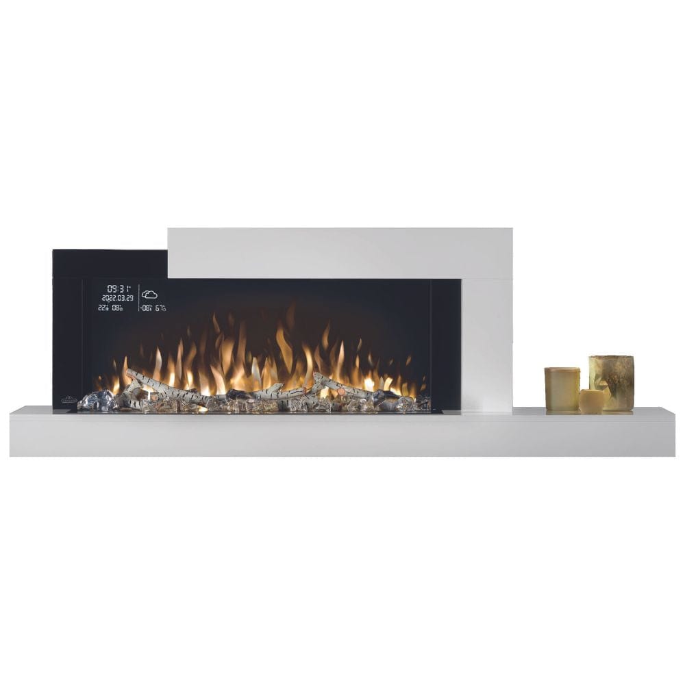 napoleon stylus cara elite electric fireplace with blue yellow flames, crystals, and logs