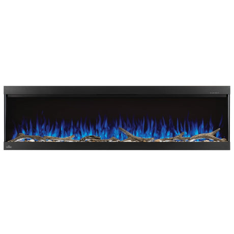 Napoleon Trivista Pictura 60-Inch Electric Fireplace with blue flames and driftwood logs