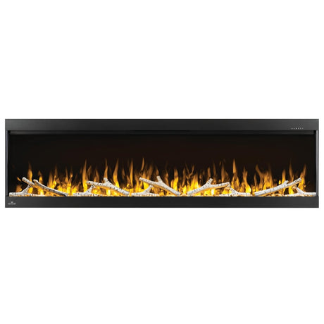 Napoleon Trivista Pictura 60" 3-Sided Electric Fireplace with yellow flames and birch logs