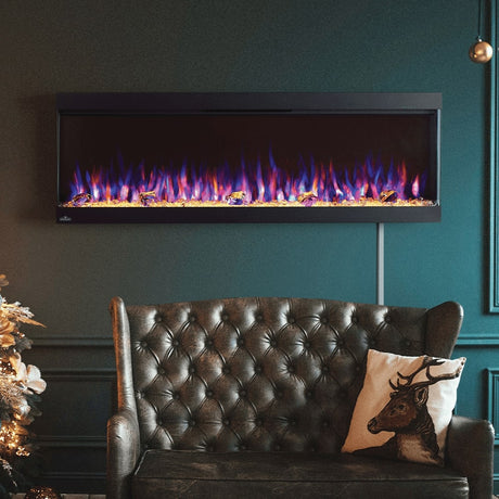 Napoleon Trivista Pictura 3-Sided Wall Mounted Electric Fireplace above the couch