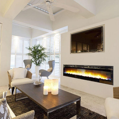 Nexfire 74 Linear Built-in/Wall Mounted Electric Fireplace in a cozy living room