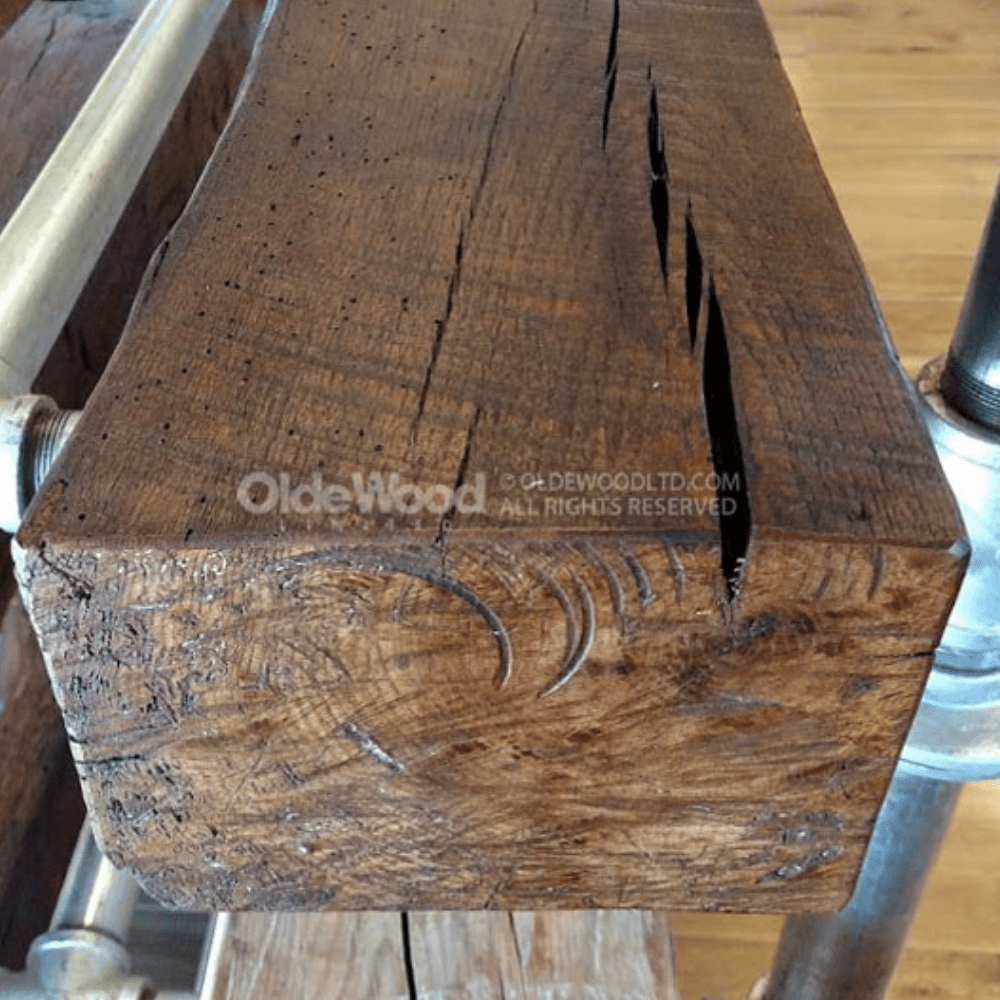 authentic marks on olde wood rough sawn wooden fireplace mantel