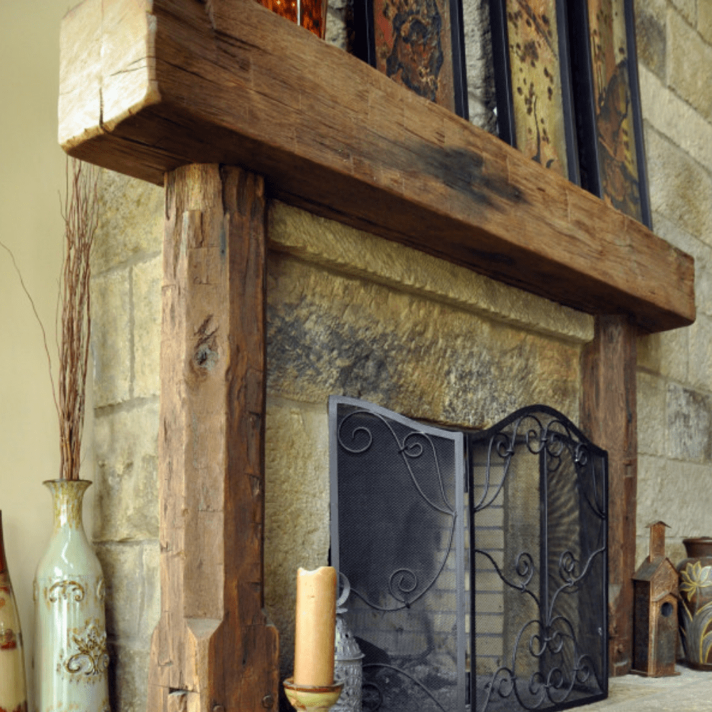 olde wood hand hewn fireplace mantel with golden oak finish