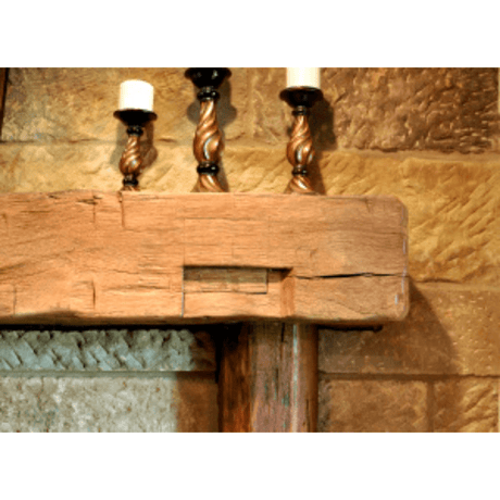 olde wood hand hewn wooden fireplace mantel in light brown finish