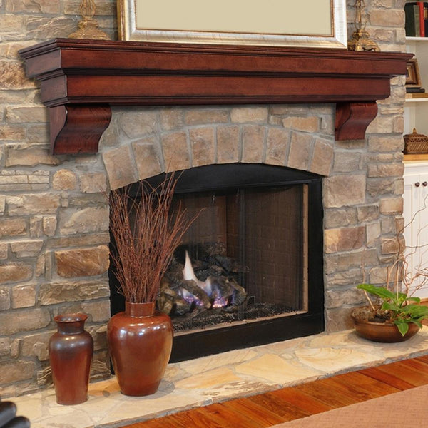 Pearl Mantels Auburn Wood Mantel Shelf in Distressed Cherry on a Stone Finished Wall