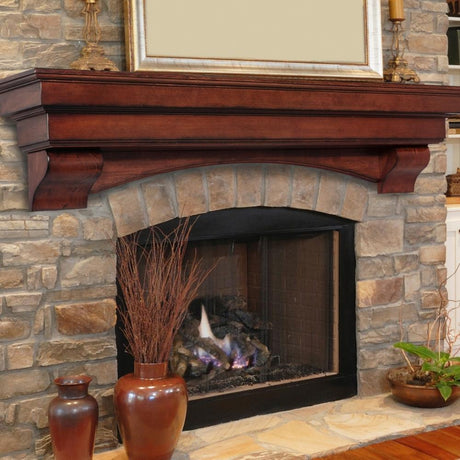 Pearl Mantels Auburn Wood Mantel Shelf in Distressed Cherry With Corbels and Arch