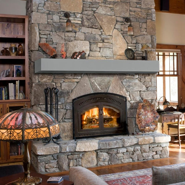 Pearl Mantels Cassie MDF Mantel Shelf Installed With A Fireplace With Stone Claddings