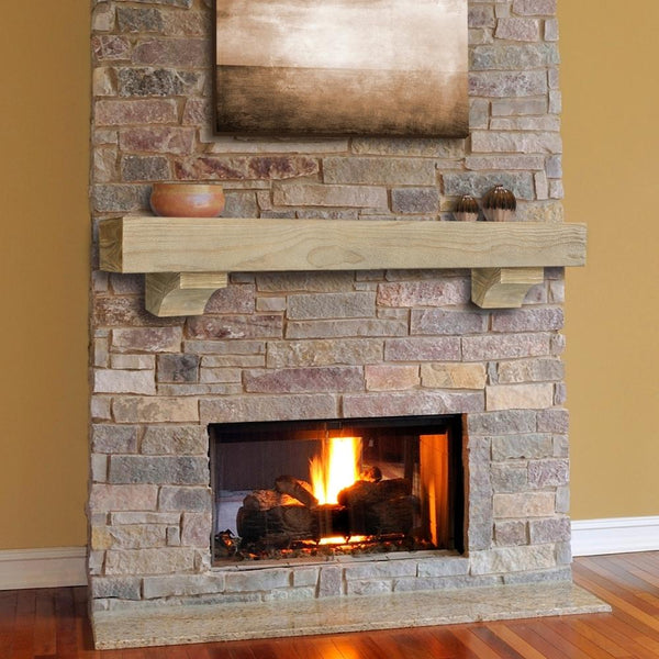 Pearl Mantels Cherokee Wood Mantel Shelf in Fontana Finish on a Stone Finished Wall