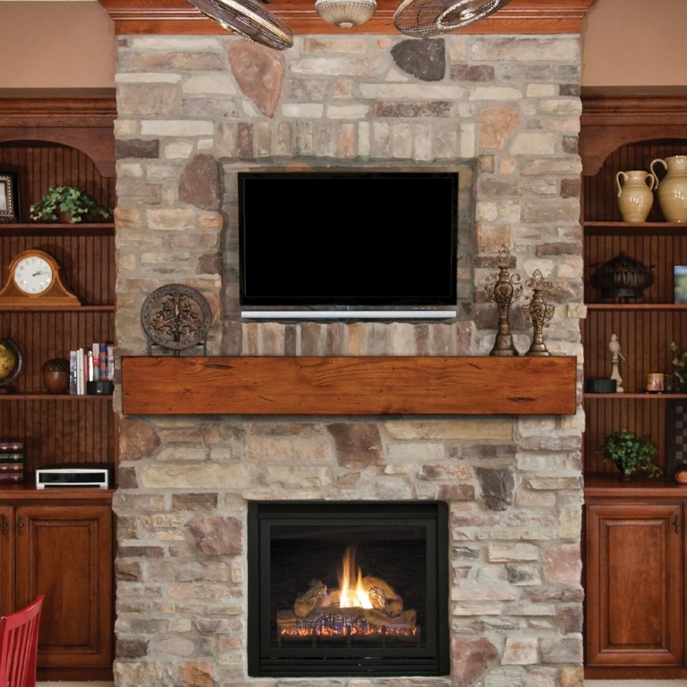 Pearl Mantels Lexington Wood Mantel Shelf In Rustic Medium Distressed Finish Installed On A Stoned Finish Wall