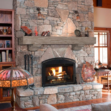 Pearl Mantels Shenandoah Wood Mantel Shelf in Farmhouse Finish on a Stone Finished Wall