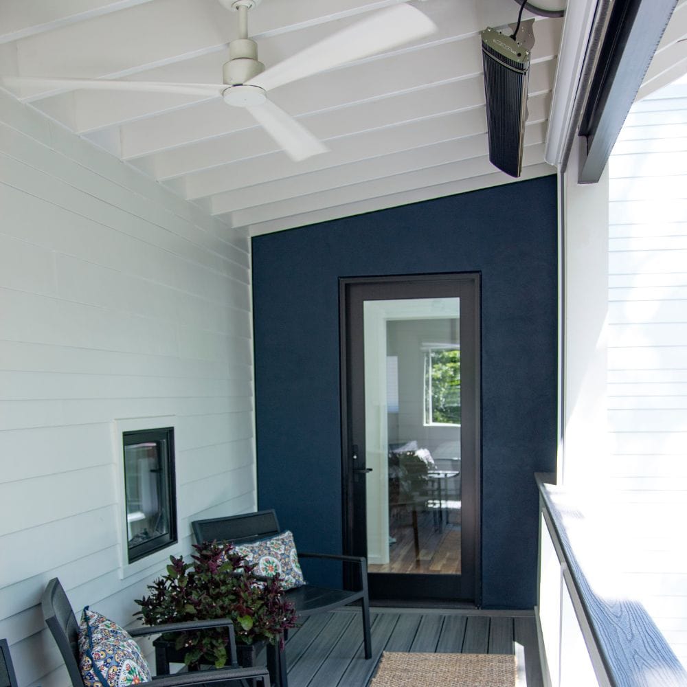 2 radtec design/e series infrared electric heaters ceiling mounted in a balcony