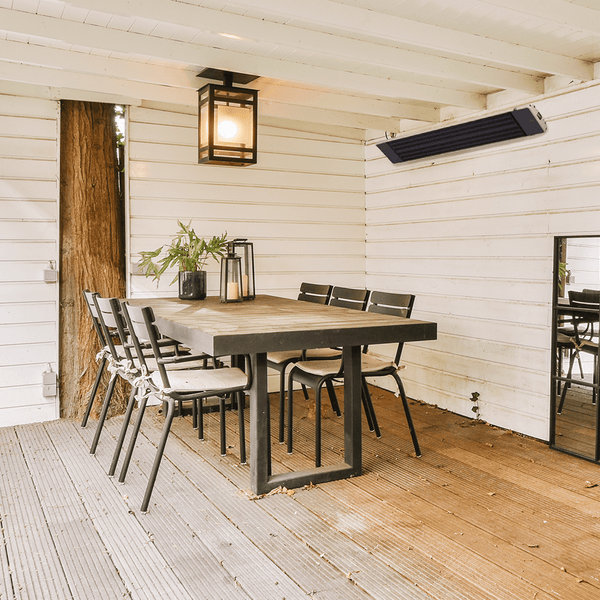 RADtec Design Series Infrared Electric Heater wall mounted in open air outdoor setting