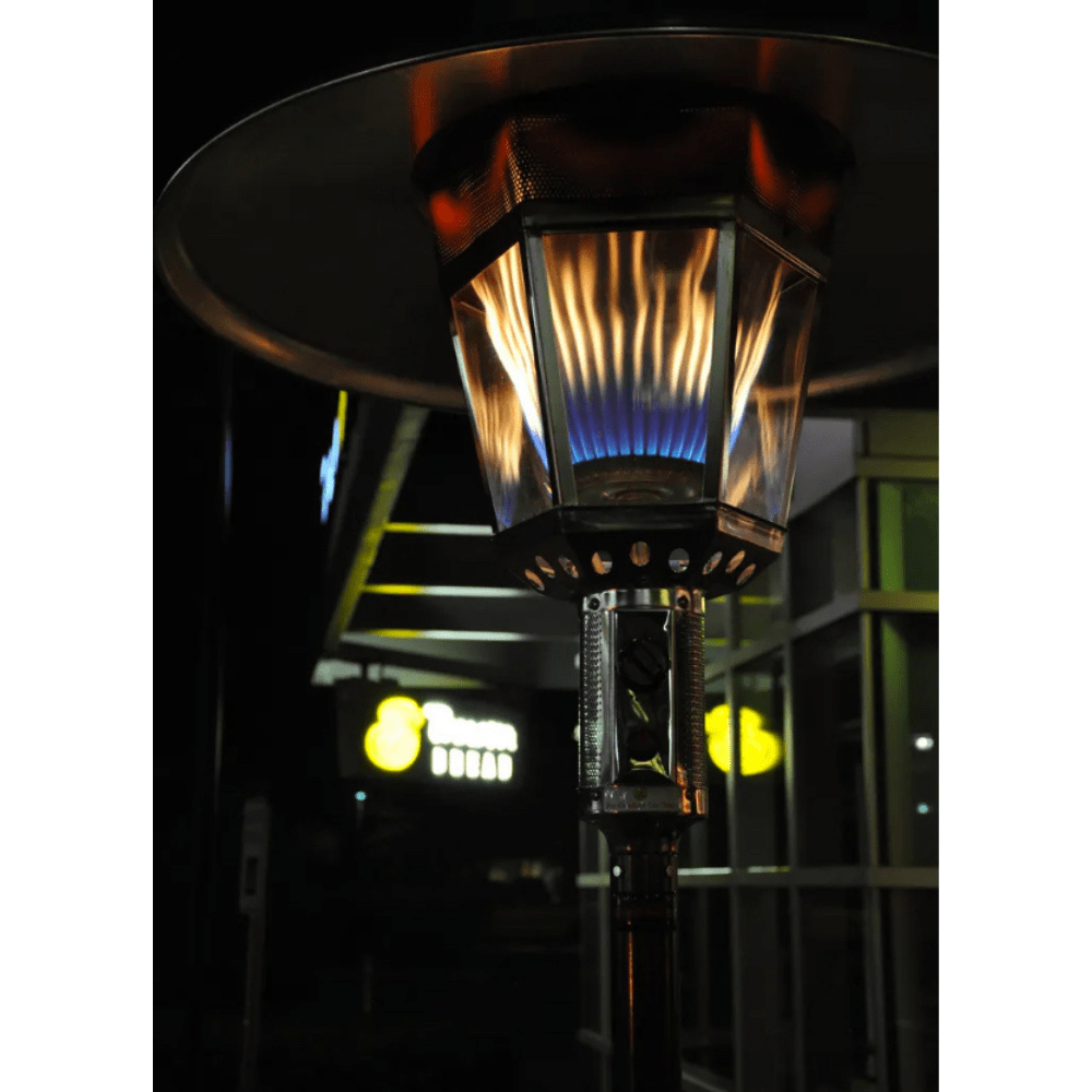 RADtec Real Flame Natural Gas Patio Heater Lighted Up Outdoors