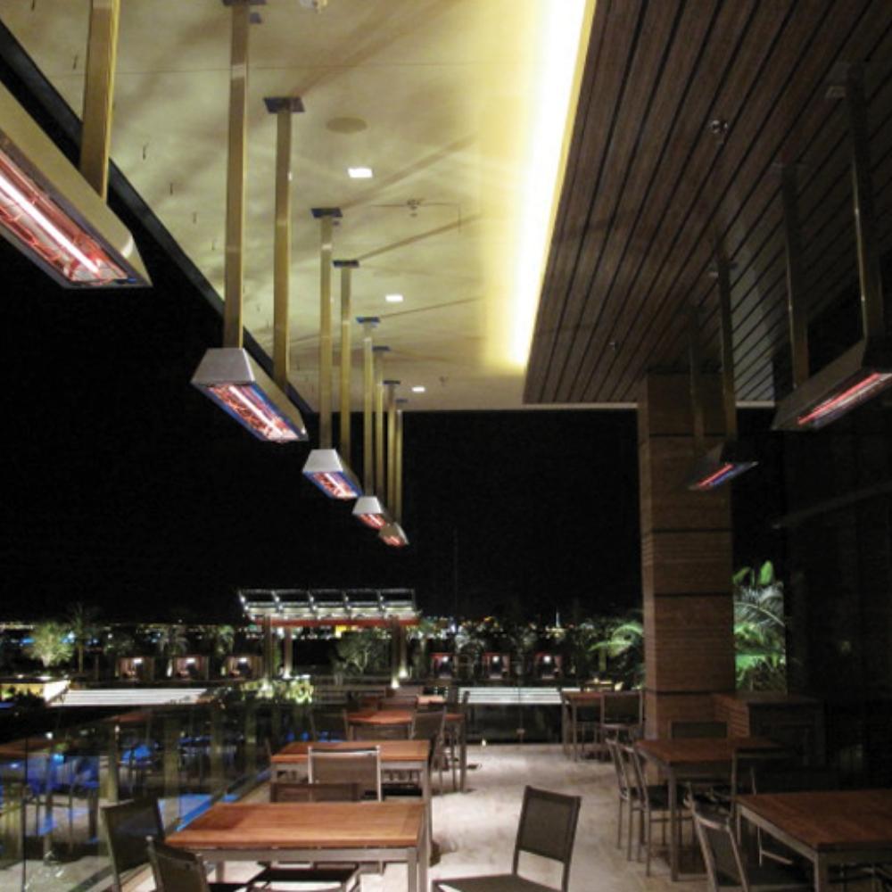 ElectricSchwank Dual Element 3000W Infrared Electric Heaters suspended from the ceiling