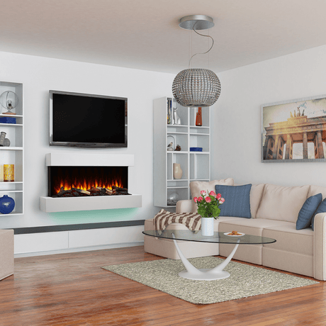 Simplifire Format Electric Fireplace with 43-Inch mantel below the tv
