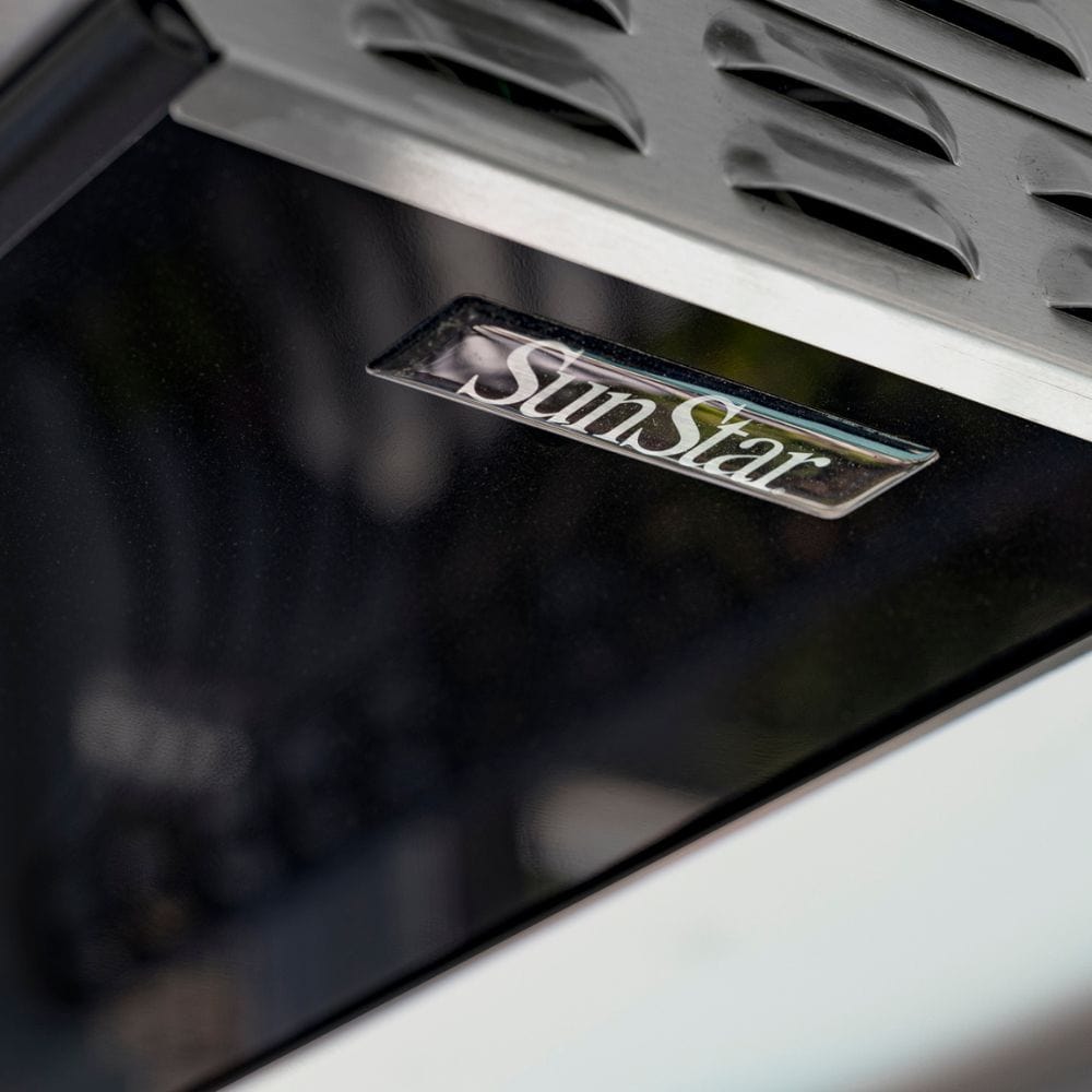 Close Up on Black Glass Face of SunStar Glass Marine Grade 2-Stage Infrared Gas Heater