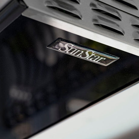 Close Up on Black Glass Face of SunStar Glass Marine Grade 2-Stage Infrared Gas Heater