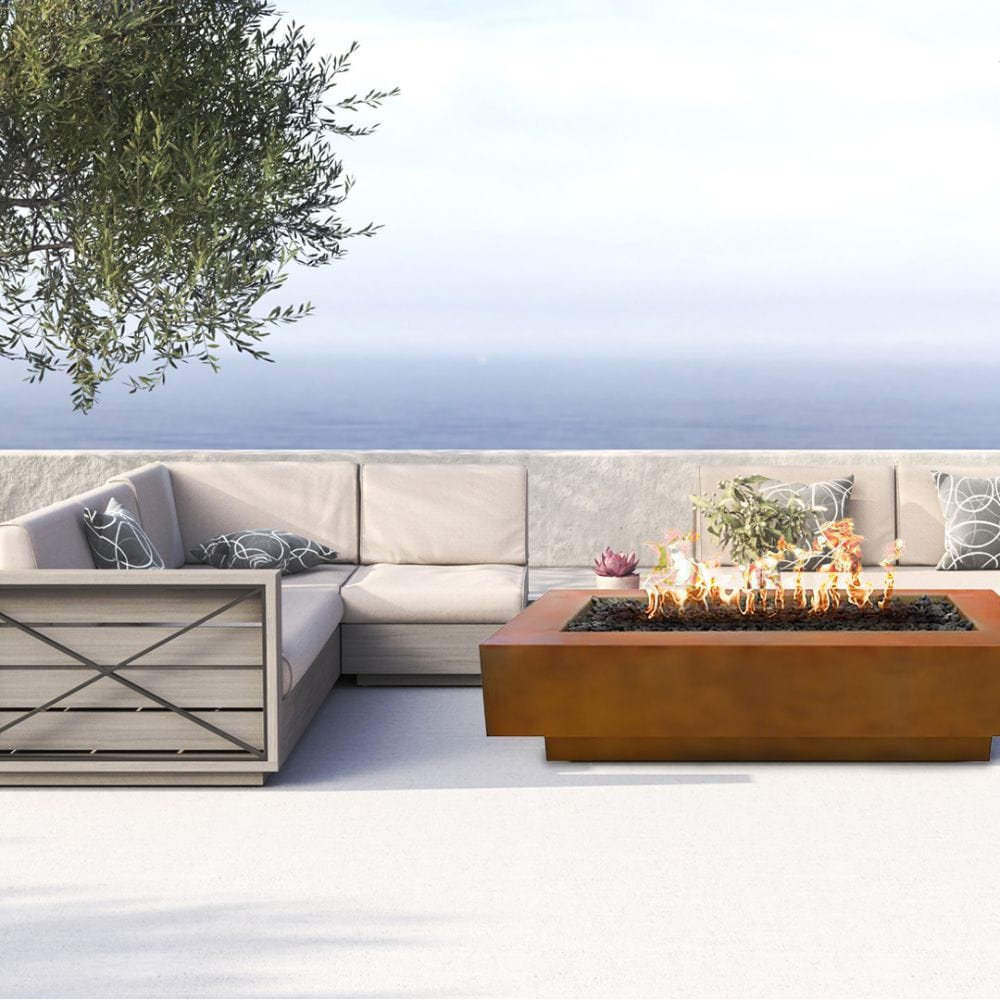 Top Fires 60" Coronado Corten Steel Gas Fire Pit in Patio Overlooking the Sea