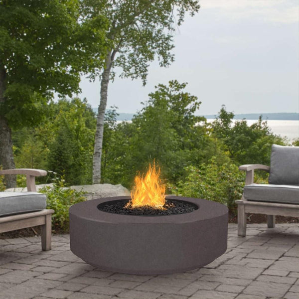 Chestnut Round Fire Pit in Patio with Chairs and Trees