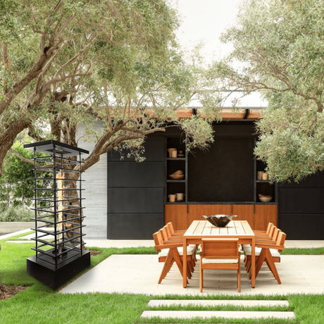 top fires black high-rise fire tower in patio dining area
