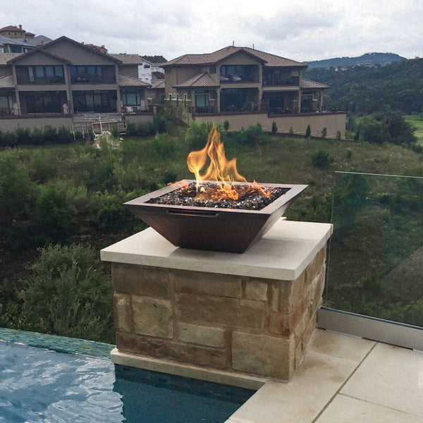 Top Fires Maya 24-Inch Square Copper Gas Fire and Water Bowl Poolside