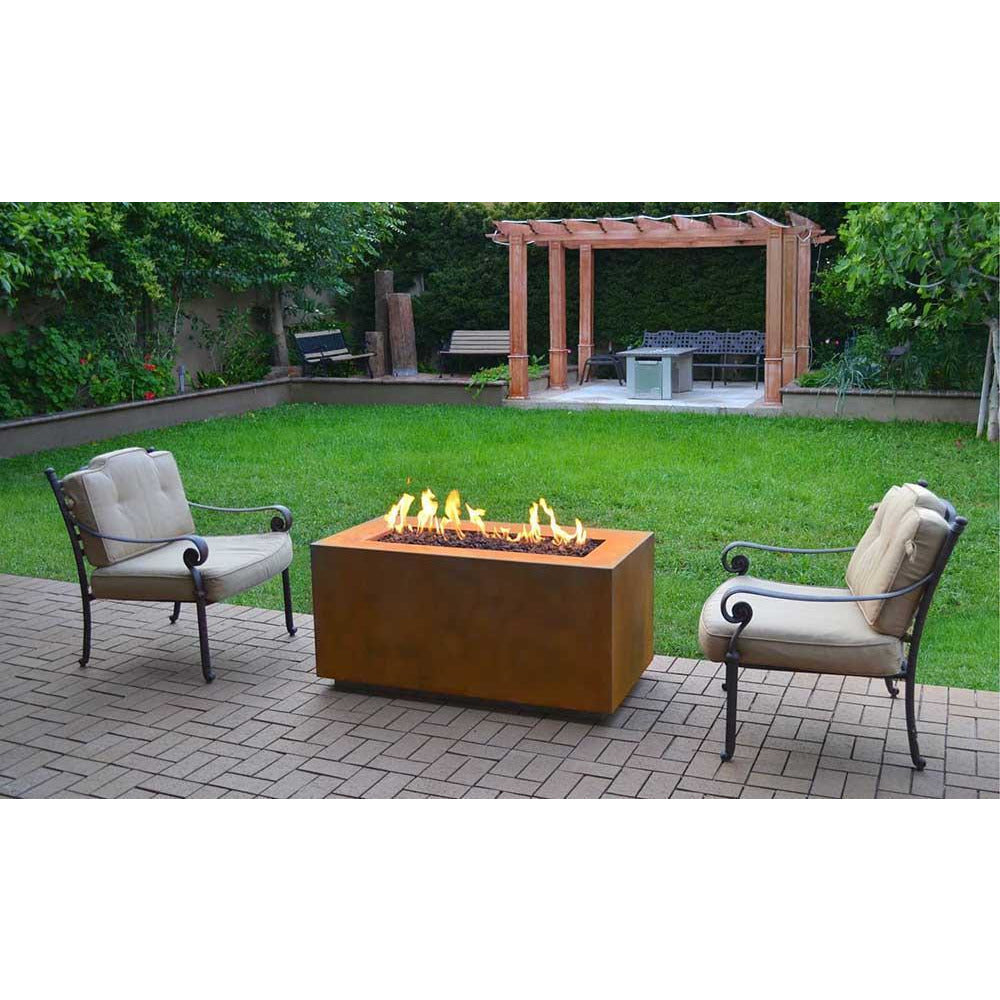 Top Fires Rectangular Corten Steel Fire Pit in outdoor patio