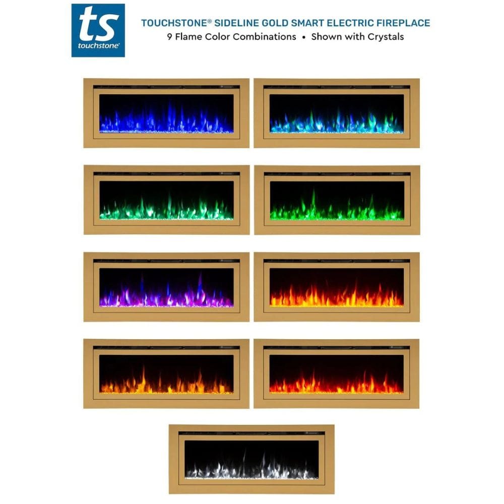 touchstone sideline gold smart electric fireplace flame colors with crystals