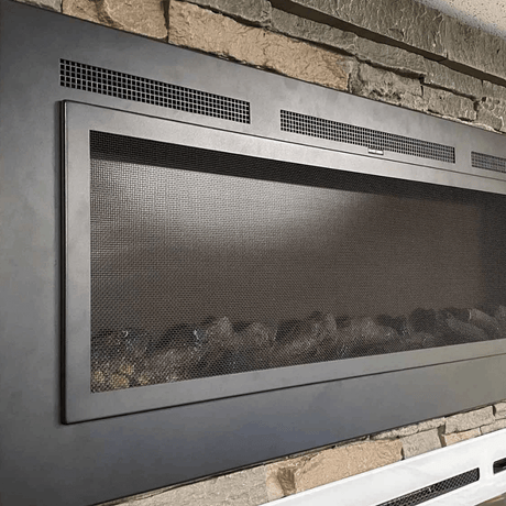 Forte Steel Mesh Screen Non Reflective 80048 40-Inch Recessed Electric Fireplace recessed into Brickwall