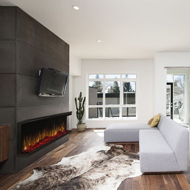 Touchstone Infinity 3-Sided Smart Electric Fireplace in Living Room wall mounted 3 sided view