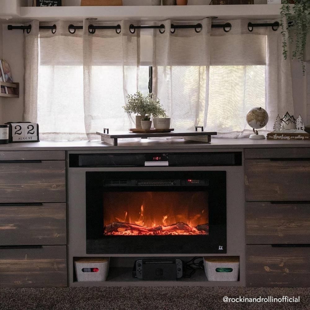 Touchstone Sideline 28-Inch Recessed Electric Fireplace (#80028) Built into Cabinet