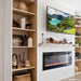 Touchstone Sideline 50-Inch Recessed Electric Fireplace Recessed in Shiplap Wall with Shelves