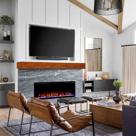 Touchstone Sideline Elite 60" Electric Fireplace with rustic brown wood mantel below the tv