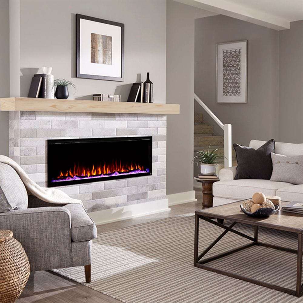 Touchstone Sideline Elite 60" Electric Fireplace with rustic unfinished wood mantel below the tv