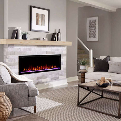 Touchstone Sideline Elite 60" Electric Fireplace with rustic unfinished wood mantel below the tv