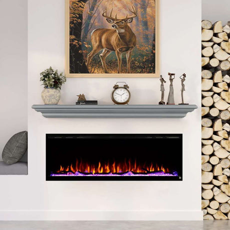 Touchstone Sideline Elite 60" Electric Fireplace with gray transitional mantel in living room