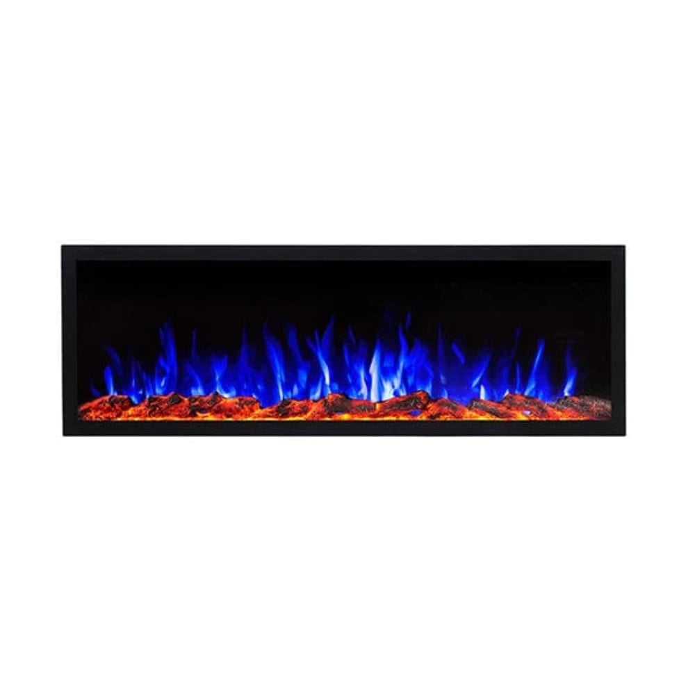 Touchstone Sideline Elite Smart 60-Inch Weatherproof Outdoor WiFi Enabled Electric Fireplace with blue flame and driftwood