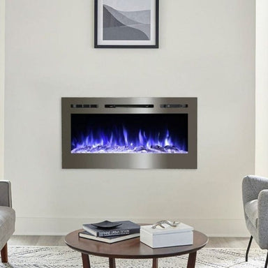 Touchstone Sideline Stainless Steel 50-Inch Recessed Electric Fireplace in Modern Room