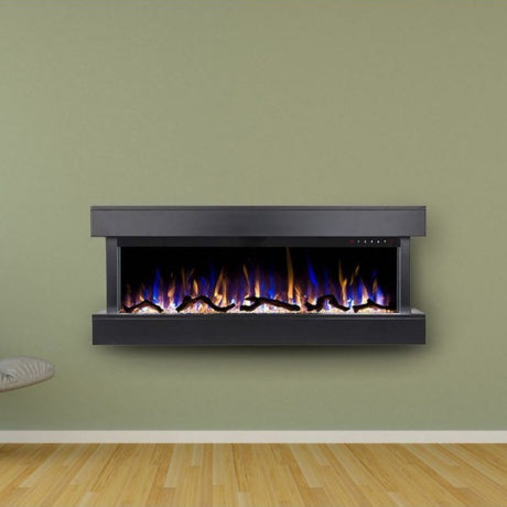 Touchstone Chesmont 50" 3-Sided Electric Fireplace mounted on a green wall